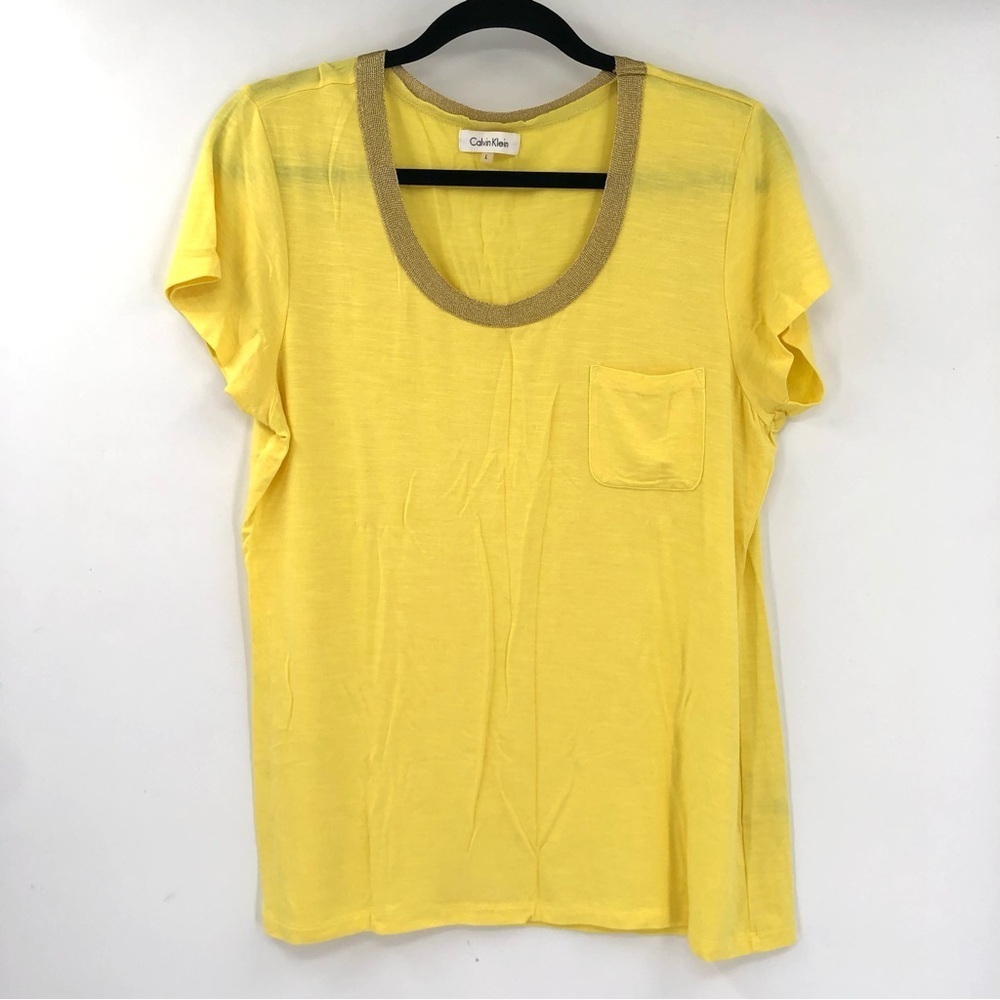 CALVIN KLEIN Pocket Tee Blouse Stretch Jersey Beaded Neckline L Yellow Top Women